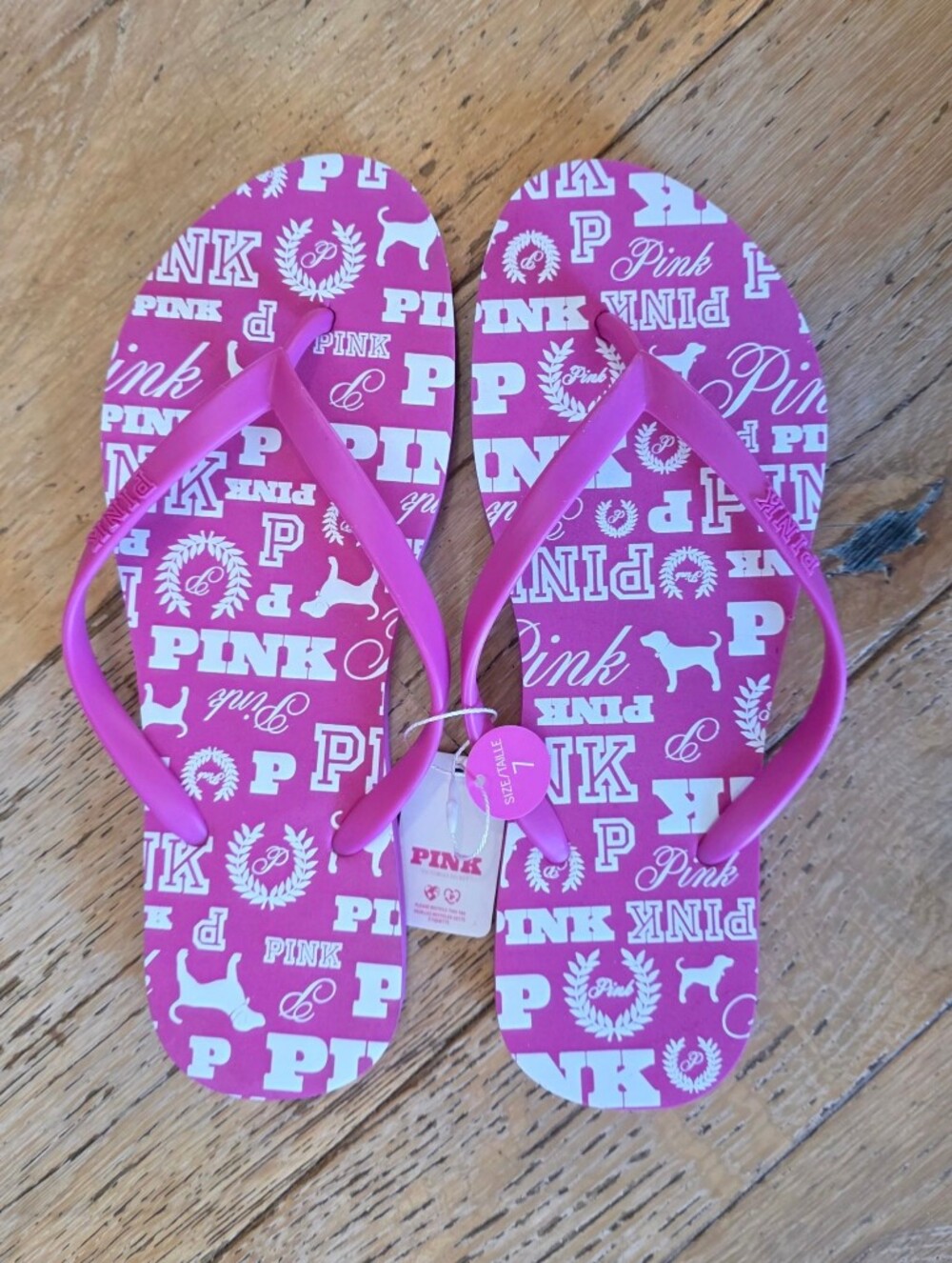 NWT PINK Victoria's Secret Pink Flip Flops with White Logo Dog